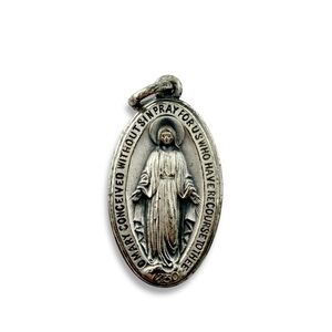 Vintage Miraculous Mary Sterling Silver Oval Medal Charm Pendant